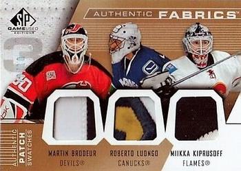 2007-08 SP Game Used - Authentic Fabrics Triples Patches #AF3-BLK Martin Brodeur / Roberto Luongo / Miikka Kiprusoff Front