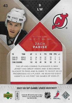 2007-08 SP Game Used - Gold #43 Zach Parise Back