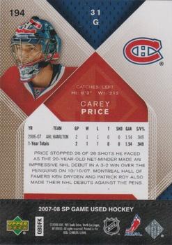 2007-08 SP Game Used - Gold #194 Carey Price Back