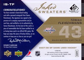 2007-08 SP Game Used - Inked Sweaters Patches #IS-TF Tomas Fleischmann Back