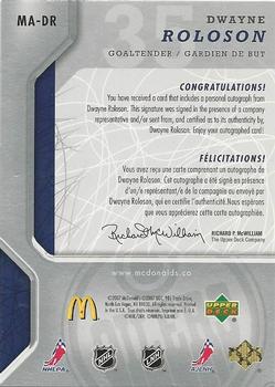 2007-08 Upper Deck McDonald's - Autographs #MA-DR Dwayne Roloson Back