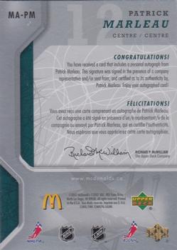 2007-08 Upper Deck McDonald's - Autographs #MA-PM Patrick Marleau Back