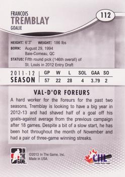 2012-13 In The Game Heroes and Prospects #112 Francois Tremblay Back