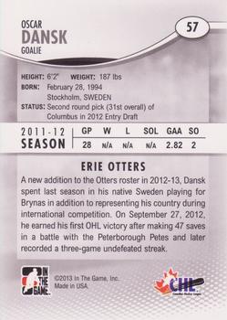 2012-13 In The Game Heroes and Prospects #57 Oscar Dansk Back