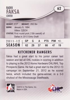 2012-13 In The Game Heroes and Prospects #62 Radek Faksa Back