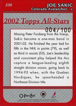 2002-03 Topps - O-Pee-Chee Red Line #330 Joe Sakic Back