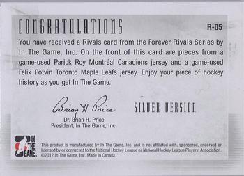 2012-13 In The Game Forever Rivals - Dual Rivals Jerseys Silver #R-05 Felix Potvin / Patrick Roy Back