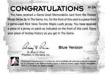 2012-13 In The Game Forever Rivals - Game Used Jerseys Blue/Red #M-24 Rick Vaive Back
