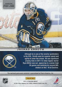2012-13 Panini Certified - Fabric of the Game Mirror Emerald Patch #FOG-JHE Jhonas Enroth Back