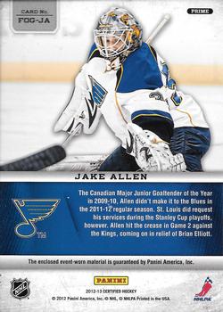 2012-13 Panini Certified - Fabric of the Game Mirror Gold Prime #FOG-JA Jake Allen Back