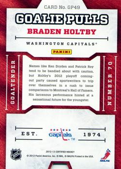 2012-13 Panini Certified - Goalie Pulls #GP49 Braden Holtby Back