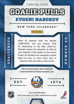 2012-13 Panini Certified - Goalie Pulls Jerseys #GP28 Evgeni Nabokov Back