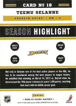 2012-13 Score - Gold Rush #18 Teemu Selanne Back
