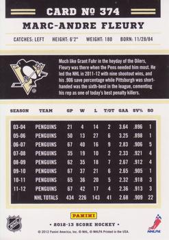 2012-13 Score - Gold Rush #374 Marc-Andre Fleury Back