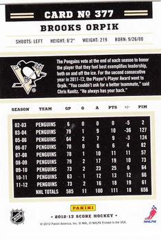 2012-13 Score - Gold Rush #377 Brooks Orpik Back