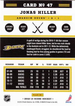 2012-13 Score - Gold Rush #47 Jonas Hiller Back