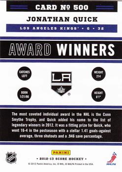 2012-13 Score - Gold Rush #500 Jonathan Quick Back