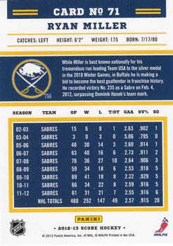2012-13 Score - Gold Rush #71 Ryan Miller Back