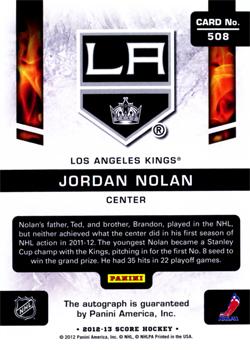 2012-13 Score - Rookie Autographs #508 Jordan Nolan Back