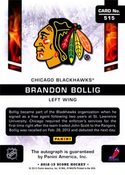 2012-13 Score - Rookie Autographs #515 Brandon Bollig Back