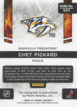 2012-13 Score - Rookie Autographs #537 Chet Pickard Back