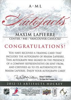 2012-13 Upper Deck Artifacts - Autofacts #A-ML Maxim Lapierre Back