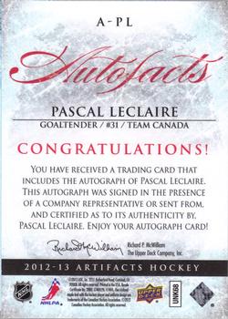 2012-13 Upper Deck Artifacts - Autofacts #A-PL Pascal Leclaire Back