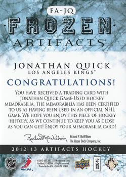 2012-13 Upper Deck Artifacts - Frozen Artifacts Jerseys Blue #FA-JQ Jonathan Quick Back