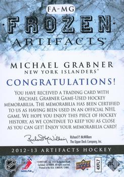 2012-13 Upper Deck Artifacts - Frozen Artifacts Jerseys Blue #FA-MG Michael Grabner Back