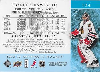 2012-13 Upper Deck Artifacts - Jersey/Patch Emerald #104 Corey Crawford Back