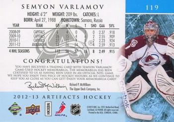 2012-13 Upper Deck Artifacts - Jersey/Patch Emerald #119 Semyon Varlamov Back