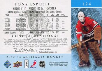 2012-13 Upper Deck Artifacts - Jersey/Patch Emerald #124 Tony Esposito Back