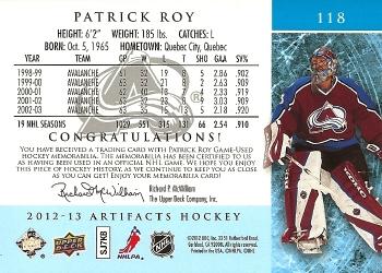 2012-13 Upper Deck Artifacts - Jersey/Patch Emerald #118 Patrick Roy Back