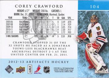 2012-13 Upper Deck Artifacts - Sapphire #104 Corey Crawford Back