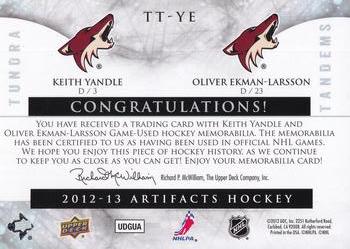2012-13 Upper Deck Artifacts - Tundra Tandems Blue Dual Jersey #TT-YE Keith Yandle / Oliver Ekman-Larsson Back