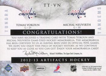 2012-13 Upper Deck Artifacts - Tundra Tandems Patches Emerald #TT-VN Tomas Vokoun / Michal Neuvirth Back