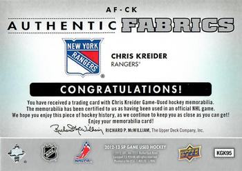 2012-13 SP Game Used - Authentic Fabrics #AF-CK Chris Kreider Back