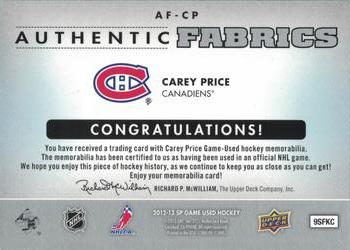 2012-13 SP Game Used - Authentic Fabrics #AF-CP Carey Price Back