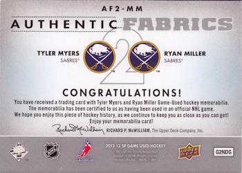 2012-13 SP Game Used - Authentic Fabrics Dual #AF2-MM Tyler Myers / Ryan Miller Back