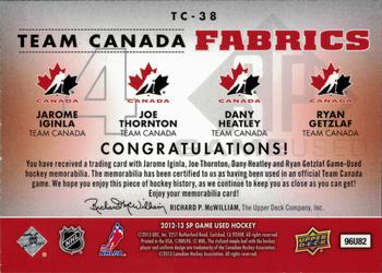 2012-13 SP Game Used - Team Canada Fabrics Quads #TC-38 Jarome Iginla / Joe Thornton / Dany Heatley / Ryan Getzlaf Back
