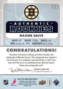 2012-13 SP Game Used - Gold Autographs #103 Maxime Sauve Back