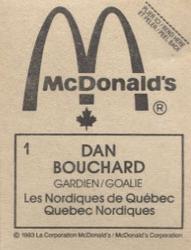 1982-83 McDonald's Stickers #1 Dan Bouchard Back