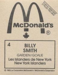 1982-83 McDonald's Stickers #4 Billy Smith Back