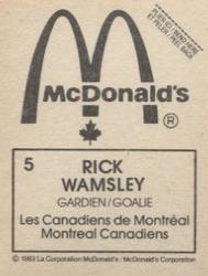 1982-83 McDonald's Stickers #5 Rick Wamsley Back