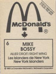 1982-83 McDonald's Stickers #6 Mike Bossy Back