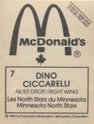 1982-83 McDonald's Stickers #7 Dino Ciccarelli Back