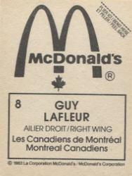 1982-83 McDonald's Stickers #8 Guy Lafleur Back