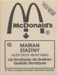 1982-83 McDonald's Stickers #10 Marian Stastny Back