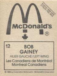 1982-83 McDonald's Stickers #12 Bob Gainey Back