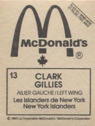 1982-83 McDonald's Stickers #13 Clark Gillies Back